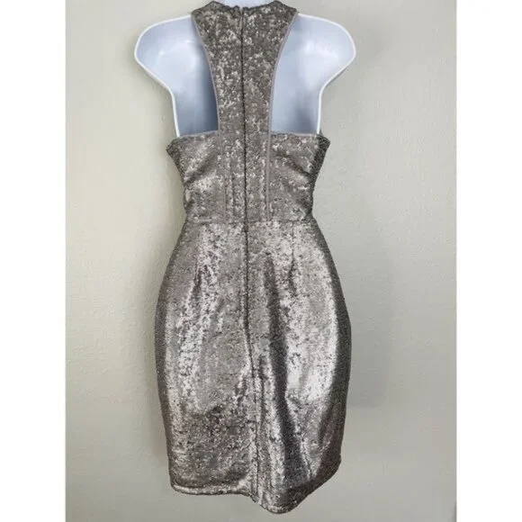 Harlyn silver sequin plunge neck matte waist tie dress‎ S Formal Cocktail - Picture 7 of 13